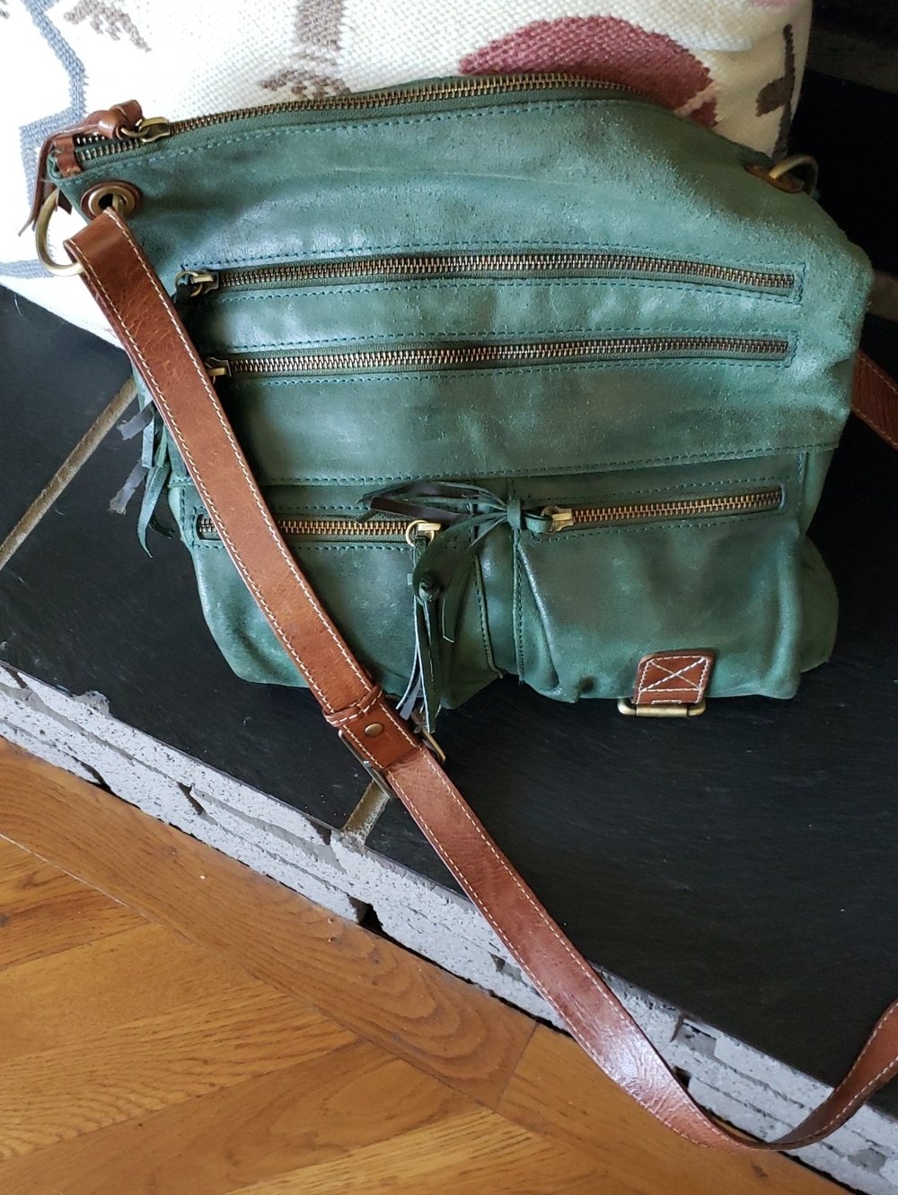 Nino BOSSI Teal Suede Crossbody with Brown Leather Strap